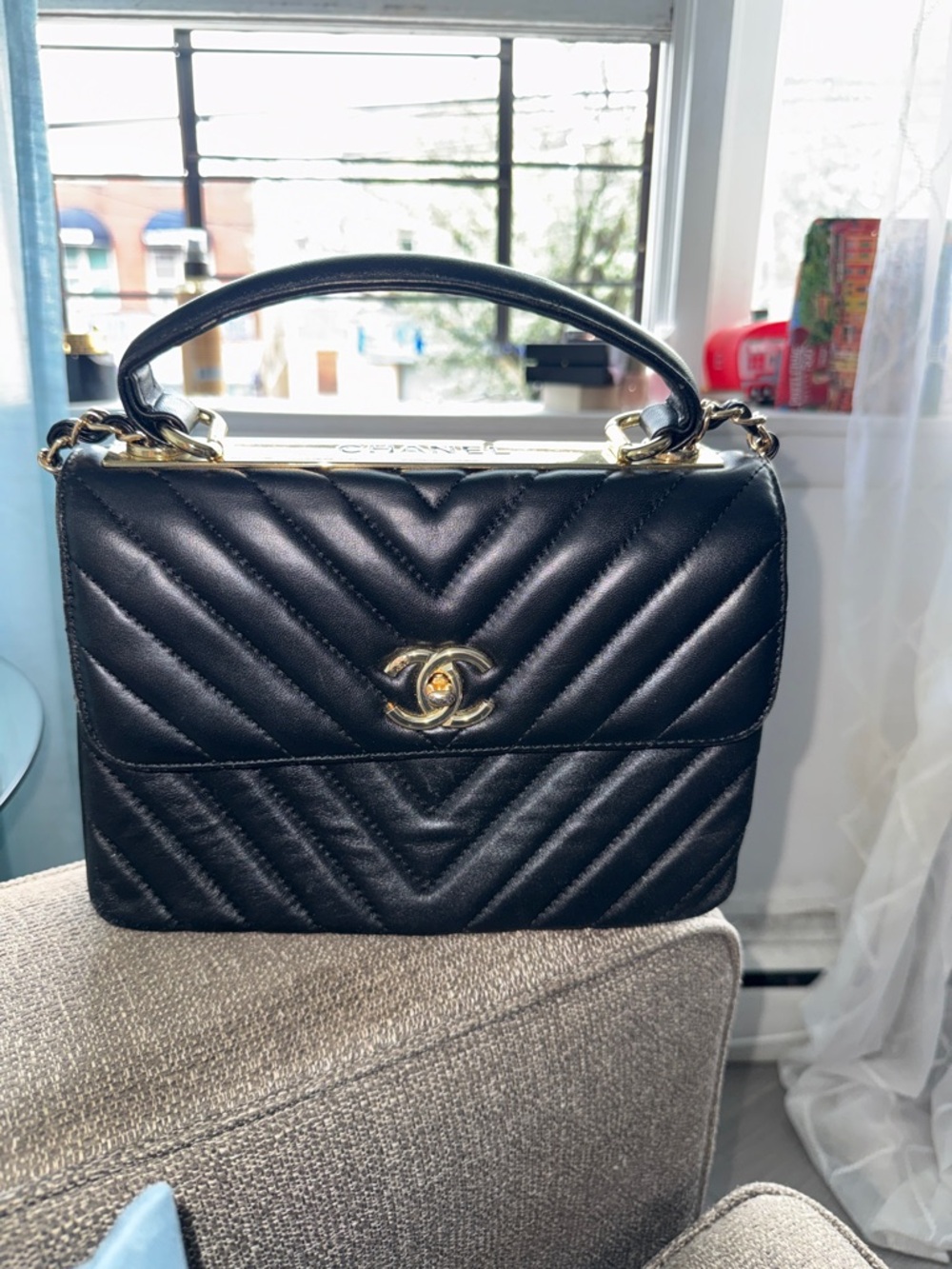Black Chevron Quilted Top Handle Satchel with Gold Hardware